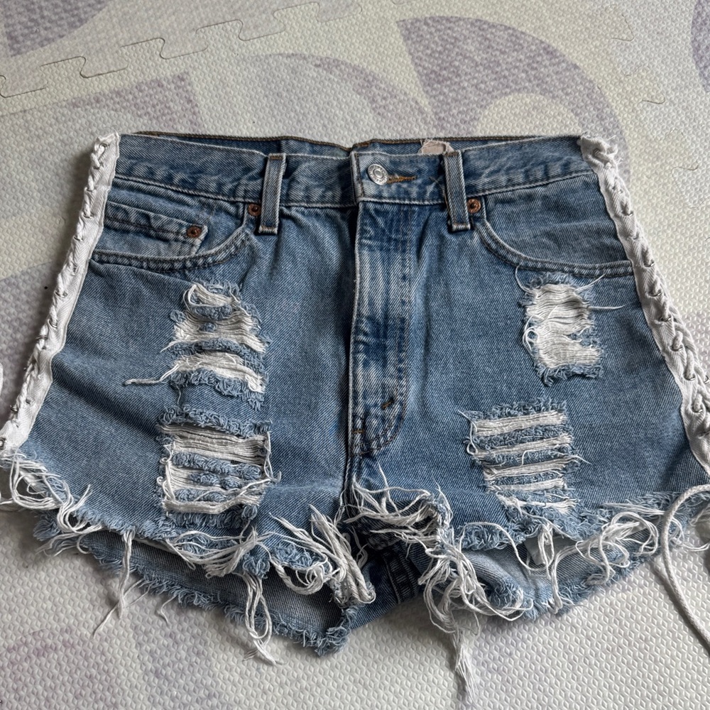 Womens Distressed Light Blue Denim Jean Shorts with Side Lace-Up
